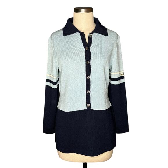 St. John Sport by Marie Gray Sweaters - ST. JOHN Sport Blue Two Tone Button Front Collared Santana Knit Sweater Size P